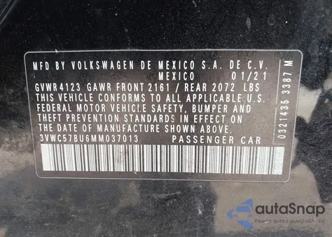 2021 Volkswagen Jetta 1.4T R-Line/1.4T S/1.4T Se z USA, uszkodzony, nr VIN 3VWC57BU6MM037013